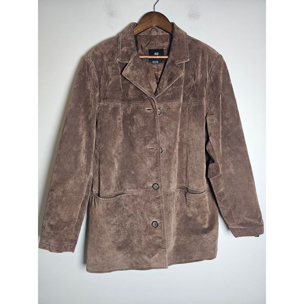 Vintage ISZ Leathers Suede Blazer Jacket Mens L Brown Four Button Collared J0265